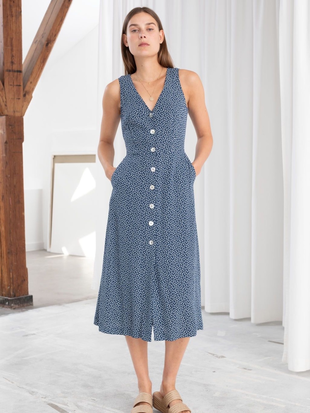& Other Stories Sz S Navy Daisies Floral Cottagecore 90s Button Front Midi Dress